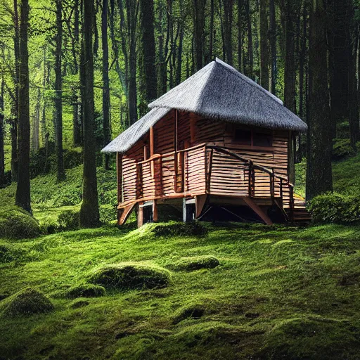 Prompt: small hut, tiny house, hidden in a forest, photorealistic, landscape