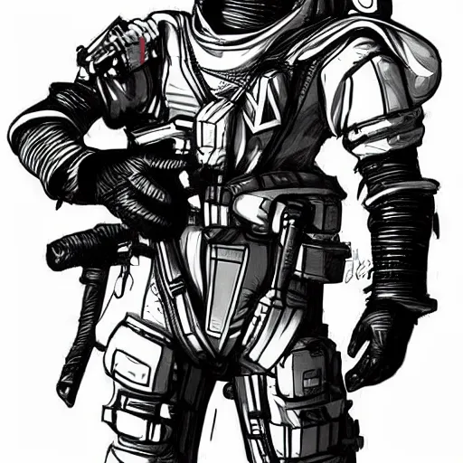 Prompt: concept art of a game character future weapon space suit Kim Jung Gi black and white
