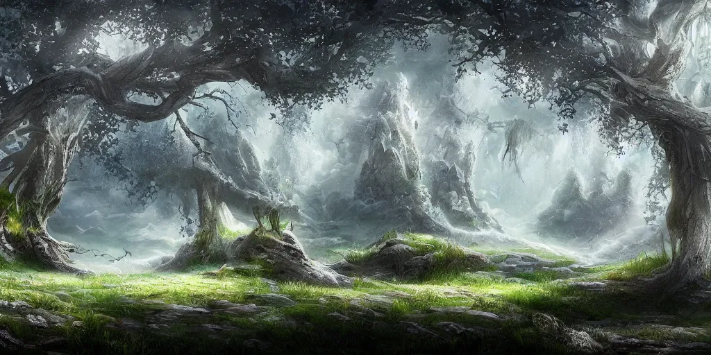 Prompt: a fantasy landscape with white beautiful trees