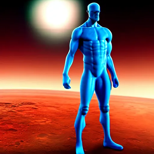 Image similar to Contemporary digital art Highly detailed Dr.Manhattan character from Watchmen watching on a beautiful sunrise on mars. Volumetric light