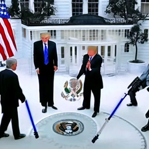 Image similar to photo of putin, trump, obama and bush having a lightsaber battle in the white house roof