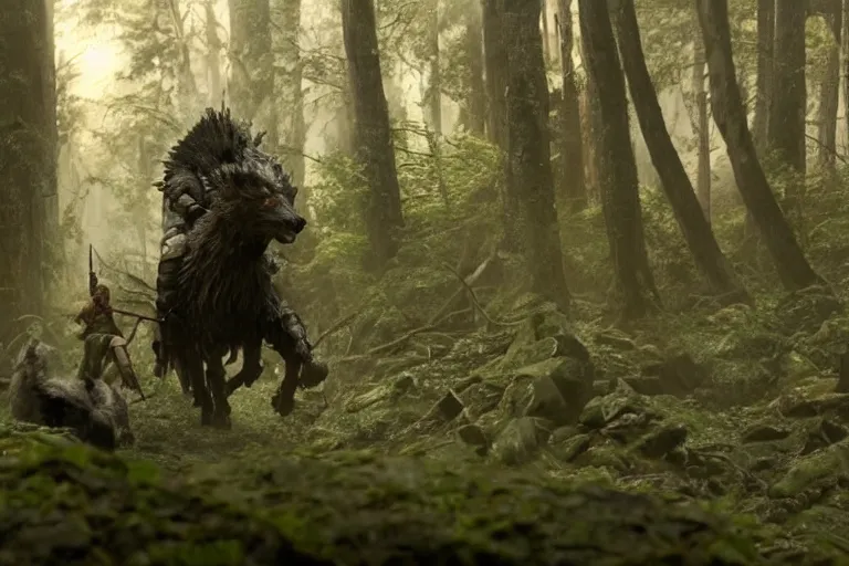 Image similar to vfx movie closeup detailed ancient armored warrior orc hunting riding large wolf in the forest, natural lighting by emmanuel lubezki