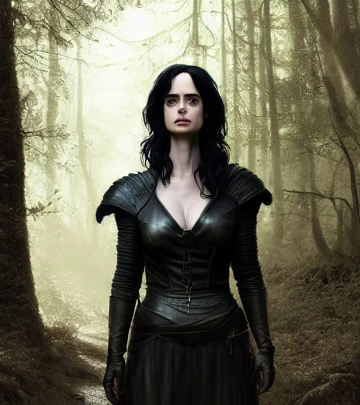 Prompt: 5 5 mm close up portrait photo of krysten ritter as yennefer of vengerberg in black leather armor and long black puff hair, in a forest. magical atmosphere. art by greg rutkowski. lifelike. very detailed 8 k. intricate. soft light. nikon d 8 5 0.