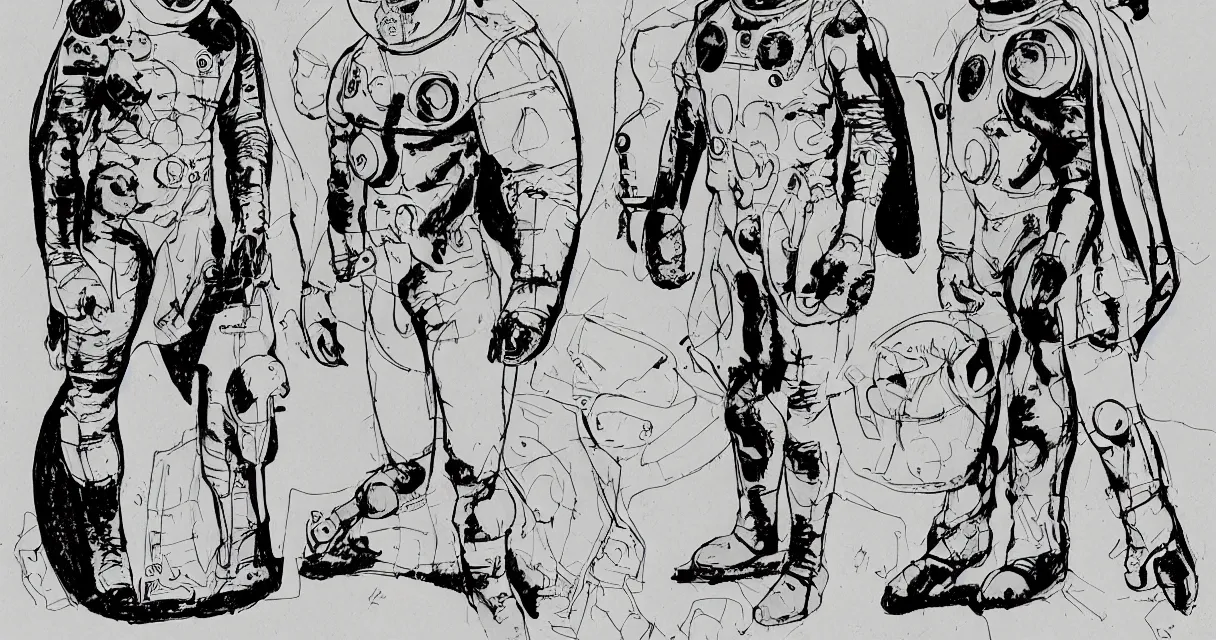 Image similar to male, heroic figure, space suit with a modern helmet, character sheet, science fiction, very stylized, character design, pen and ink, digital painting, watercolor wash, by mike mignola, by alex maleev, jean giraud