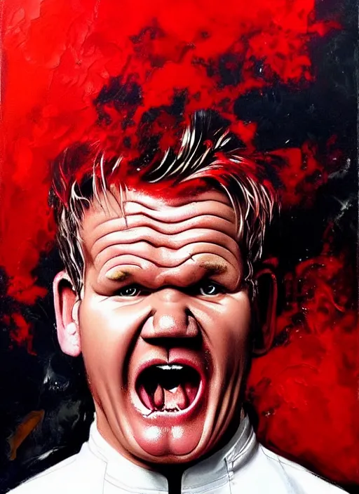 Image similar to gordon ramsay angry, screaming, red face, spit flying from mouth, stylistic painting by 'phil hale'!!!! high quality hd