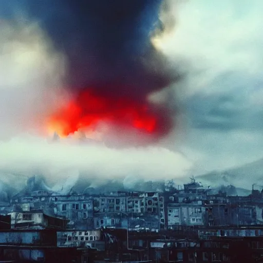 Image similar to destroyed city, dystopian, war, real, thick blue smoke, red clouds, detailed, award winning, masterpiece