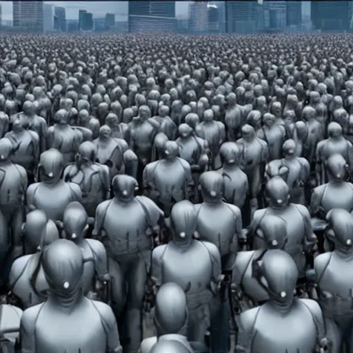 Prompt: award-winning cinematic still of an army of human clones with their faces visible, highly-detailed, establishing shot, cyberpunk style