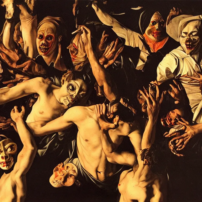 Image similar to the night of the purge,, highly detailed, 8 k resolution, art by caravaggio, modern art, optical illusion