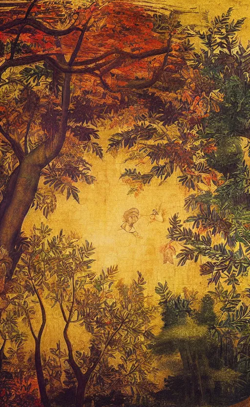 Image similar to mural depicting a beautiful sunrise over a lush forest during fall, in the style of sandro botticelli, caravaggio, albrecth durer