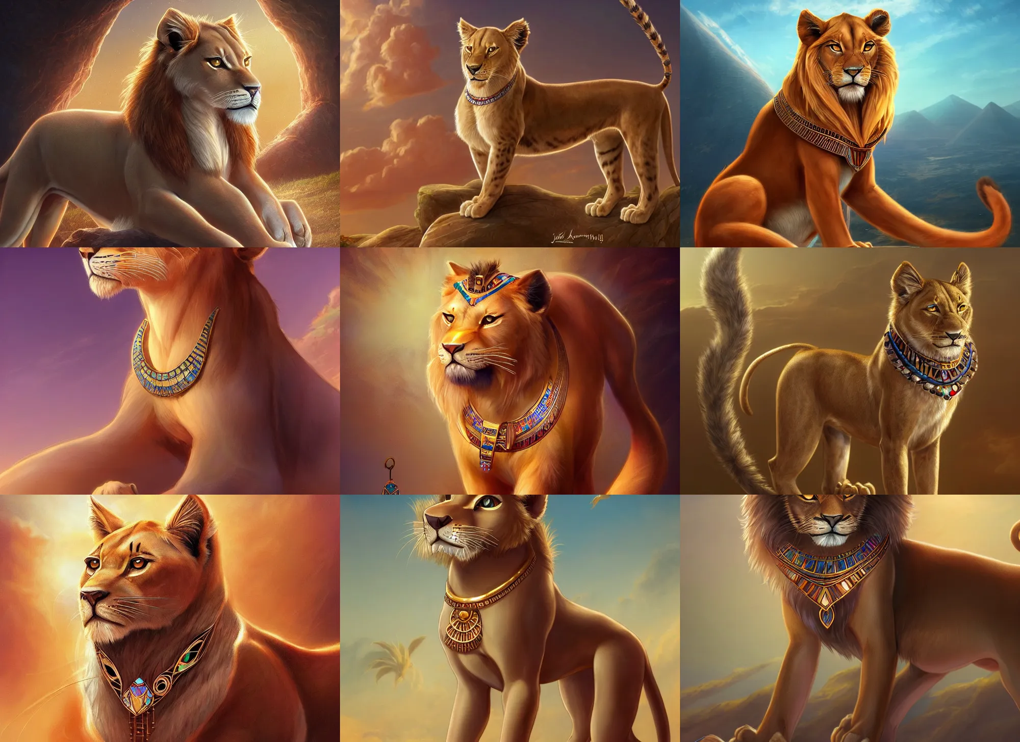 Prompt: fullbody beautiful detailed character design of a feral feline wearing egyptian necklace, egyptian jewelry. deviantart lioness adoptable, character concept artwork professional by artgerm, jessica rossier in the style of'the lion king ', artstation deviantart