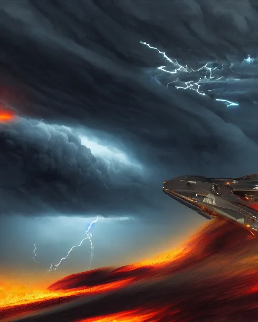 Image similar to ”Commodore 64 ad showing an epic entrance to the atmosphere through the storm clouds and lightnings by a Commodore 64 spaceship escorted by two firebreathing dragons, cinematic, 8k, realistic, ultradetailed, trending on Artstation”