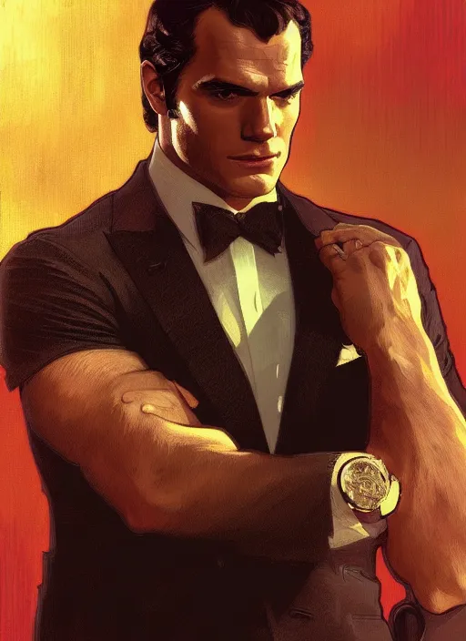 Image similar to portrait of henry cavill as james bond, casino, key art, falling, opulent, highly detailed, digital painting, artstation, concept art, cinematic lighting, sharp focus, illustration, by gaston bussiere alphonse mucha