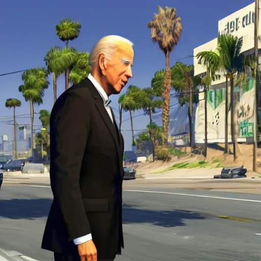 Prompt: Joe Biden in GTA V. Los Santos in the background, palm trees. In the art style of Stephen Bliss