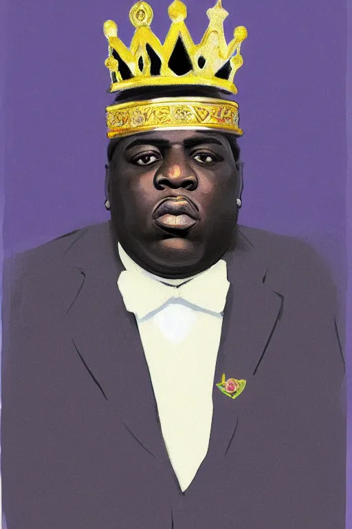 Image similar to portrait of biggie smalls with kings crown and royal outfit, royal background, modern, eclectic, illustration, by ramon casas