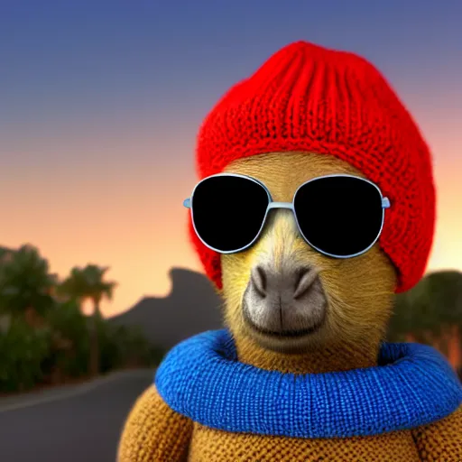 Prompt: a photorealistic photograph of a knitted cute Capybara wearing sunglasses and dressed in a blue beanie cap. The subject is also riding on a black motorcycle in Hollywood at dusk. Palm trees in the background. This 4K HD image is Trending on Artstation, featured on Behance, well-rendered, extra crisp, features intricate detail and the style of Unreal Engine.