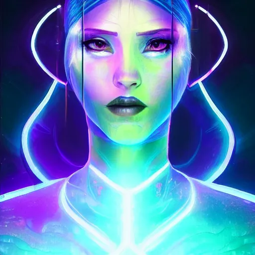 Prompt: beautiful painting of Cortana From Halo, gorgeous beautiful holographic woman, standing in a contrapposto pose against a black background, full body, luminous, glowing MRI x-ray, glitch, featured in artstation, octane render, Vibrant colors, neon cyberpunk, digital art by Loish and mucha and bungie