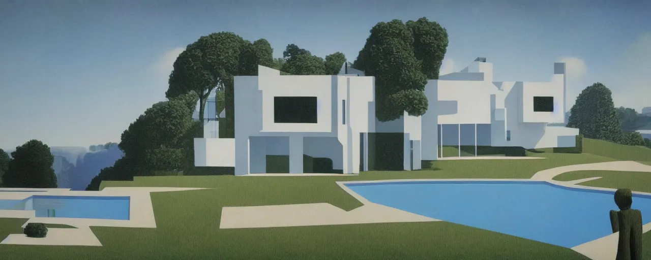 Image similar to contemporary house with pool in the front, full height windows, concept art, surrealist, rene magritte