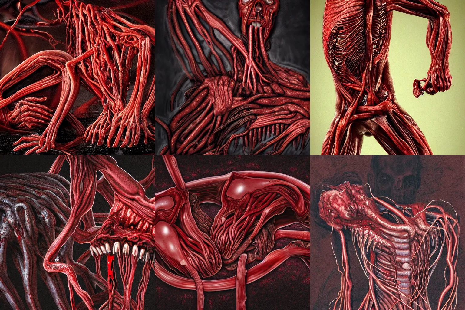 Prompt: a dark red gory structure of intertwined decaying muscles, animal limbs monstrously molten together, eyes, sharp teeth, and intestines lying in a pool of clotting blood and pus, slowly engulfing its surroundings with twitching veins and bloody intestines, dark hazy room, high-quality digital art, hyperrealistic, in color