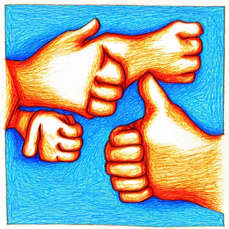 Image similar to Thumbs up; Thumbs down. Do you share your prompts around? If you take, I do not fret, but if I copy and also alter, will you regret, will our friendship falter? colored-pencil drawing as a fancy square tile