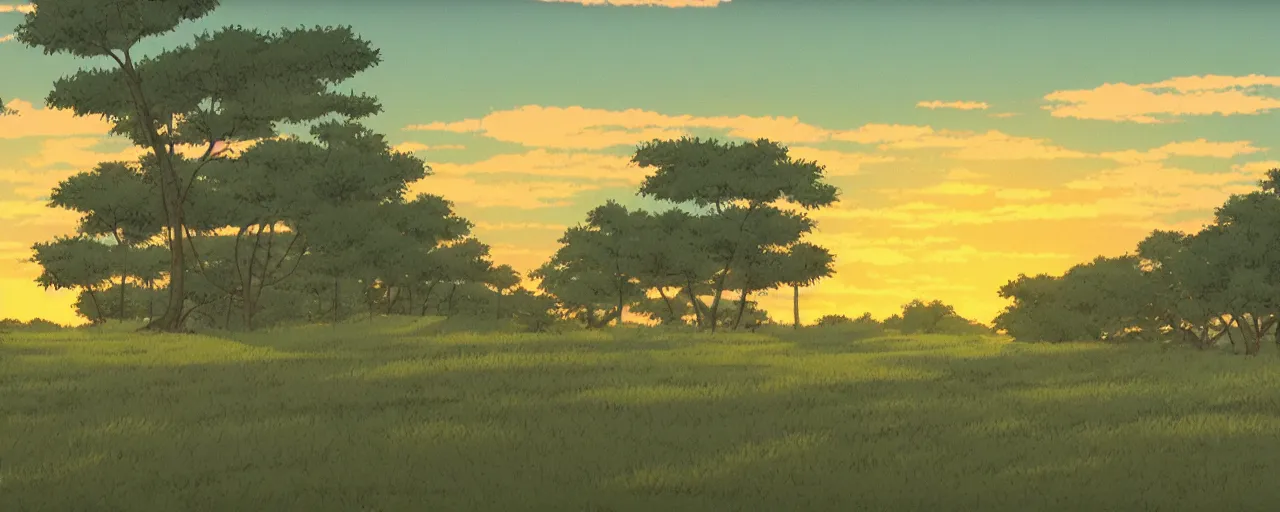 Image similar to An aesthetic still frame from an 90's anime, small countryside landscape, sunset, Studio Ghibili, cinematic-H 768