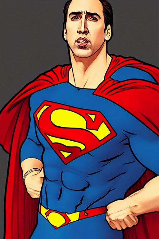 Image similar to nicholas cage as superman, in the style of art by artgerm and greg rutkowski and alphonse mucha