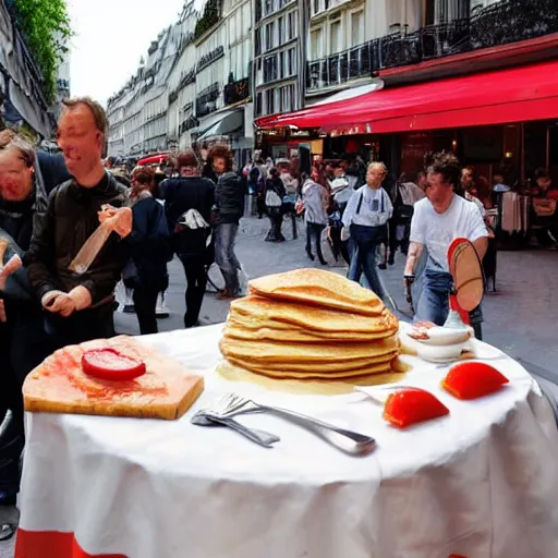 Image similar to dutch chefs impressing the French people with superior pancakes in a street in Paris