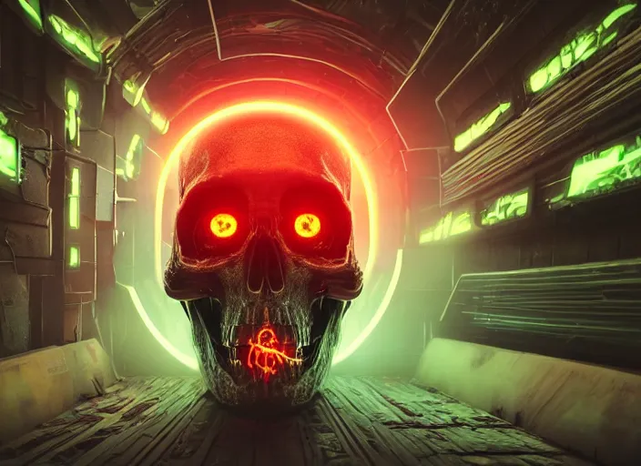 Prompt: a futuristic skull with glowing eyes and a wormhole tunnel, cyberpunk art by james cameron, behance contest winner, computer art, darksynth, synthwave, rendered in cinema 4 d