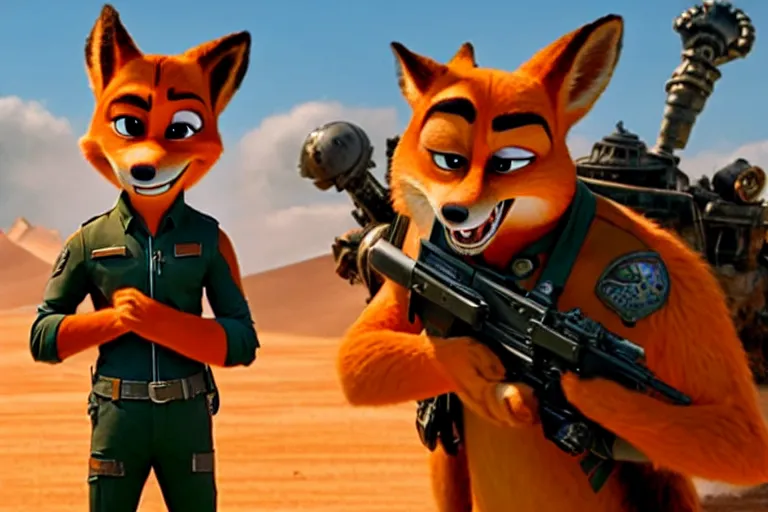 Image similar to nick wilde ( from zootopia ), heavily armed and armored facing down armageddon in a dark and gritty reboot from the makers of mad max : fury road