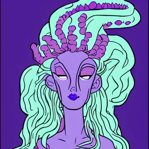 Image similar to queen medusa, pixar style, flat colors