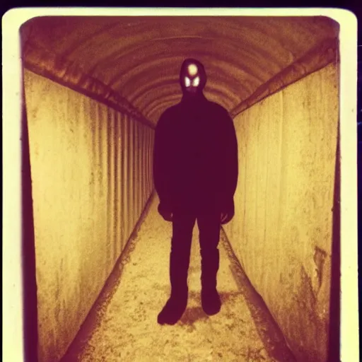 Image similar to a creepy humanoid figure standing in a tunnel, dark, brooding, creepy, backlit from sunlight, real photo taken on Polaroid camera