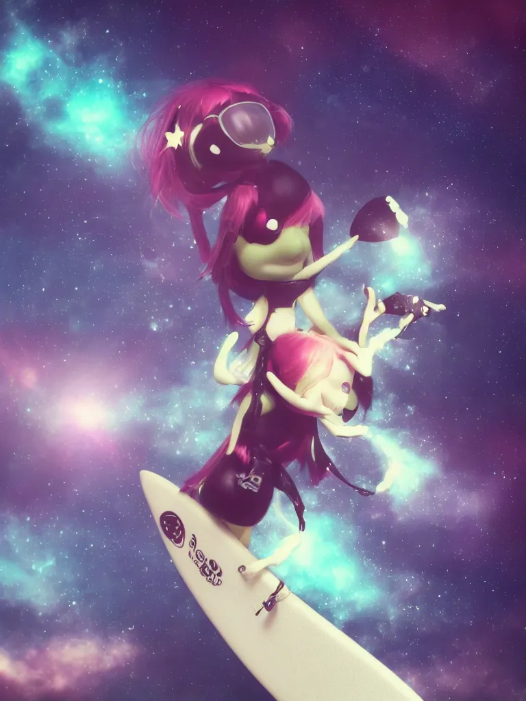 Prompt: cute fumo plush gothic maiden alien girl riding on a surfboard in the waves of the dark galactic abyss, splash, refractive optics, vignette, vray