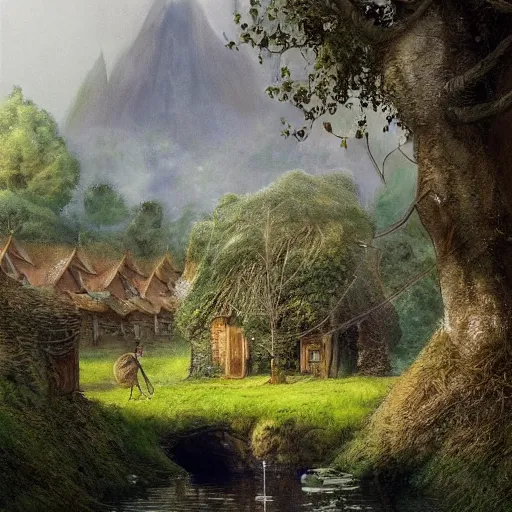 Prompt: a small serene fantasy village on the edge of the woods, by alan lee, lord of the rings, smooth, detailed terrain, oil painting, matte painting, concept art, trending on artstation