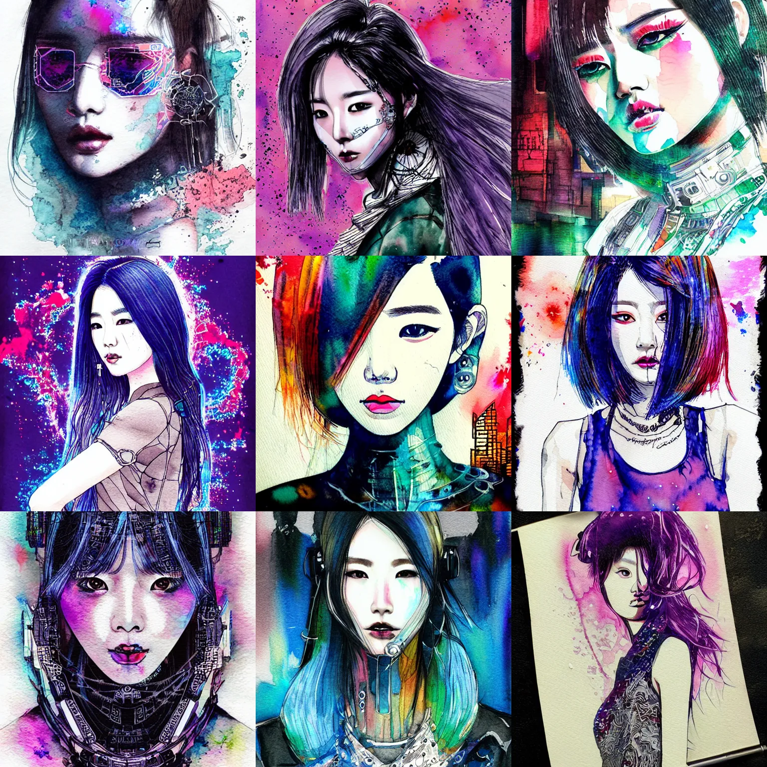 Prompt: korean women's fashion model, intricate watercolor cyberpunk gaia portrait by tim doyle