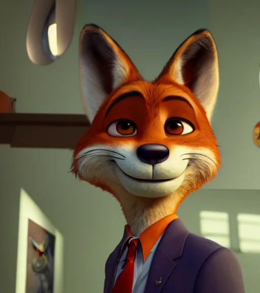 Image similar to a film still from zootopia main character portrait anthro anthropomorphic fox head animal person fursona nick wilde pixar and disney animation, sharp, rendered in unreal engine 5, anime key art by greg rutkowski, bloom, dramatic lighting