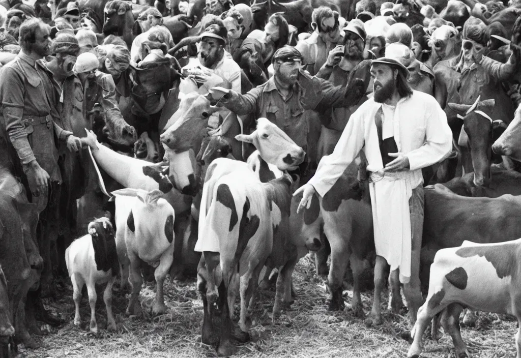 Image similar to jesus preaching to cows in nazi germany, dressed as a milkman