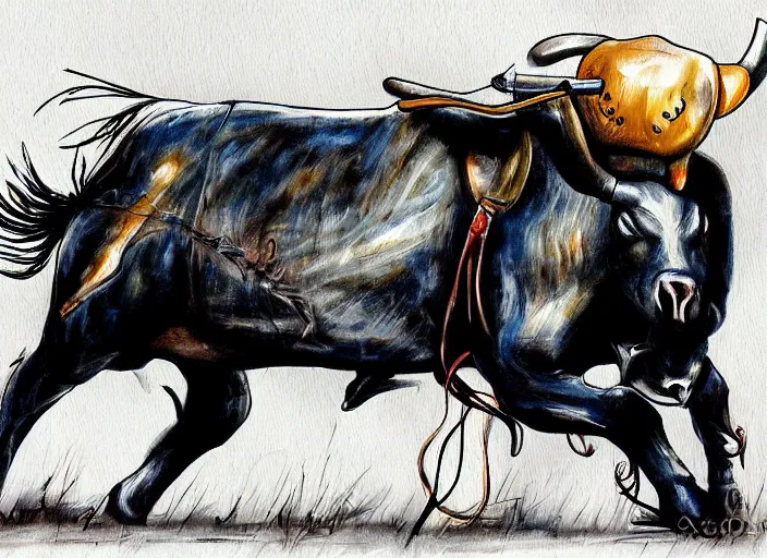 Image similar to mechanical rodeo bull, detailed bull, anime, ralph goings, cartoon styled painting