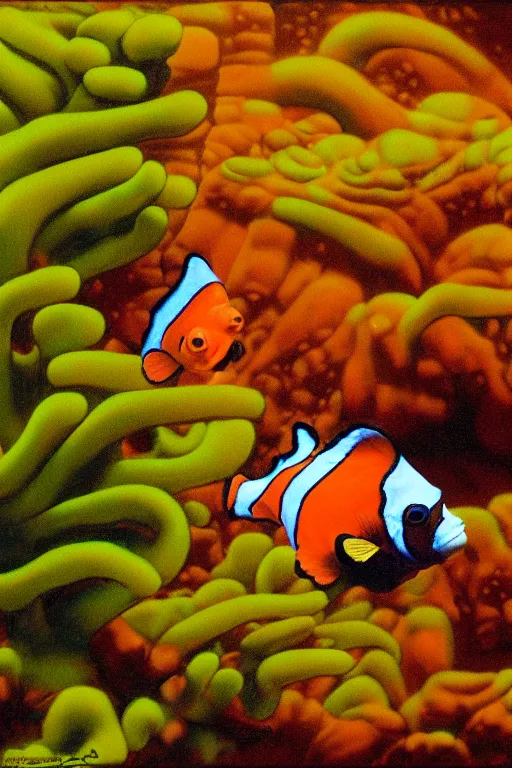 Image similar to oldbio rainforest clownfish, painted by richard corben and wayne reynolds and bob eggleton and sid check, trending on artstation, volumetric lighting top view movie poster, crayon art, crayon art, naturalism, idealism