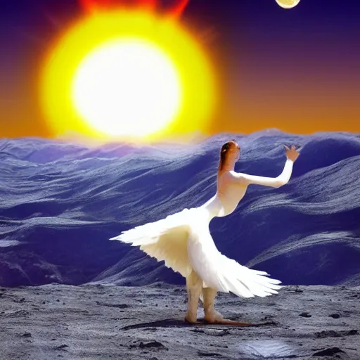 Prompt: a swan - human hybrid dancing on the moon, with the earth and the sun in the background. the earth and the sun are punching each other. space photography