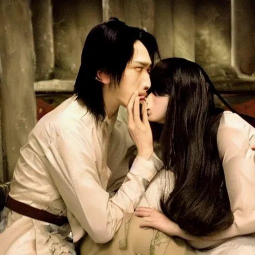 Image similar to film still, two vampires kissing, directed by park chan - wook