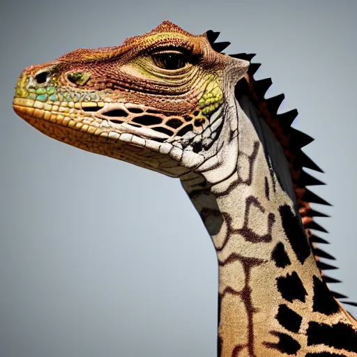 Image similar to national geographic photograph of a species that looks like a cross between a iguana and a giraffe, photorealistic, natural lighting, trending on artstation