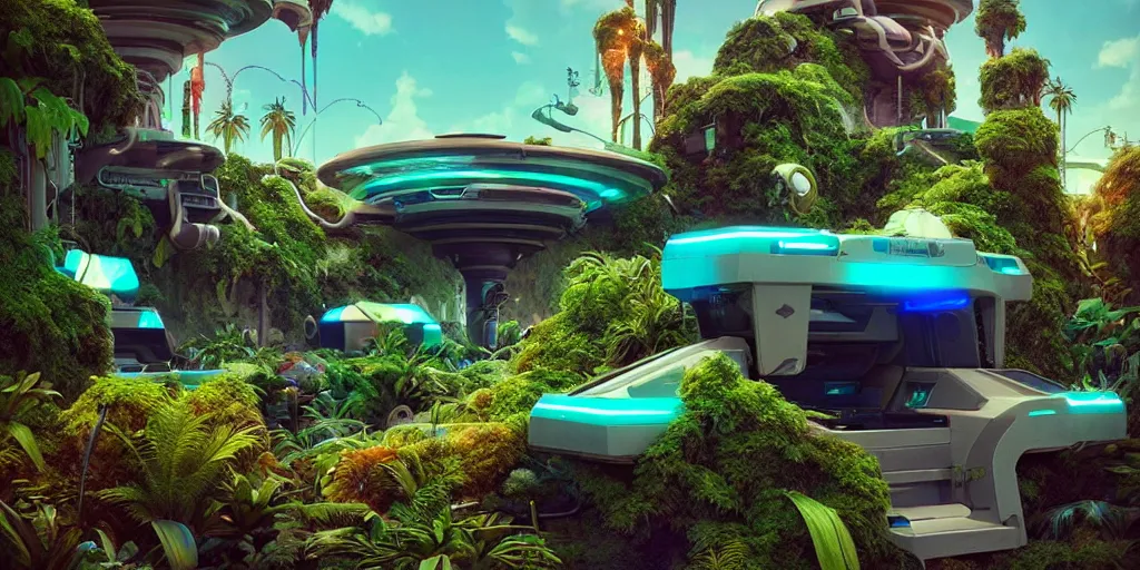 Image similar to 80s futuristic outdoor retro arcade, desolate, lush vegetation:: by beeple and James Gilleard and Justin Gerard :: ornate, dynamic, particulate, intricate, elegant, highly detailed, centered, artstation, smooth, sharp focus, octane render, 3d