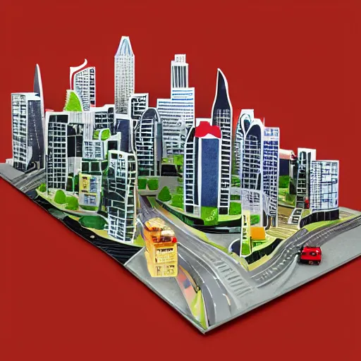 Image similar to paper craft diorama of a city with people and cars