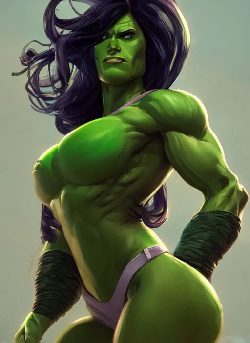 Image similar to she hulk portrait, hyper detailed, digital art, trending in artstation, cinematic lighting, studio quality, smooth render, unreal engine 5 rendered, octane rendered, art style by klimt and nixeu and ian sprigger and wlop and krenz cushart.