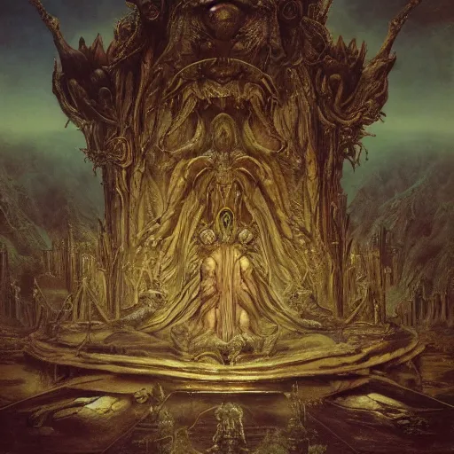 Image similar to the throne of reason | highly detailed matte painting, hyperrealistic, very intrincate | cinematic lighting, award - winning | by rachel ruysch, giger, beksinski and bocklin | by austin osman spare and william blake, trending on artstation, cgsociety, official art, octane.