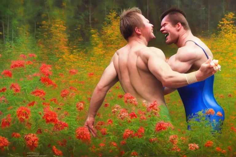 Prompt: ( ( a beautiful 8 k photorealistic masterpiece oil painting ) ( of ( two finnish men wrestling with flowers in their mouths and a big smile on their faces ) ( finnish scenery ) ) ( hyperrealism ) ( 1 6 k ) ( trending on artstation )