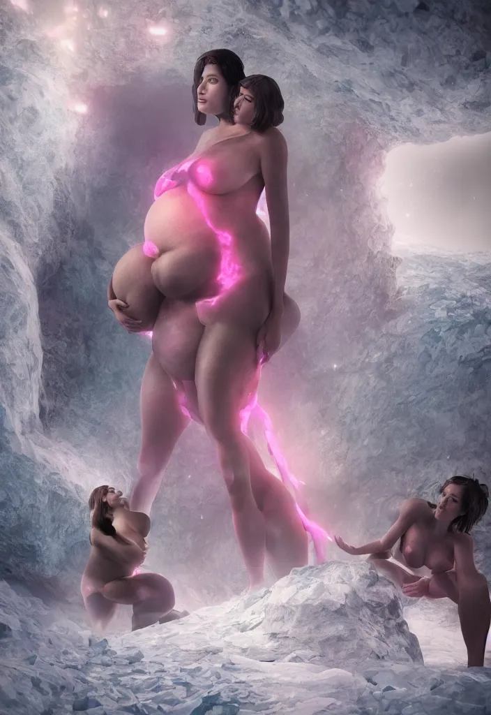 Image similar to epic pregnant woman talking to all her tribe with fluorescence bodies, proud people gather around the pregnant woman, ice cave, facinating, fantasy digital art, octane render, beautiful composition, trending on artstation, award - winning photograph, masterpiece