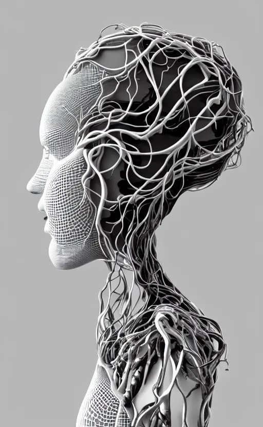 Prompt: black and white complex 3d render of 1 beautiful profile woman porcelain face, vegetal dragon cyborg, 150 mm, sinuous silver metallic ghost orchid flower stems, magnolia, roots, leaves, foliage, greenery, fine lace, maze-like, mandelbot fractal, anatomical, facial muscles, cable wires, microchip, elegant, highly detailed, black metalic carbon armour with silver details, rim light, octane render, H.R. Giger style, David Uzochukwu