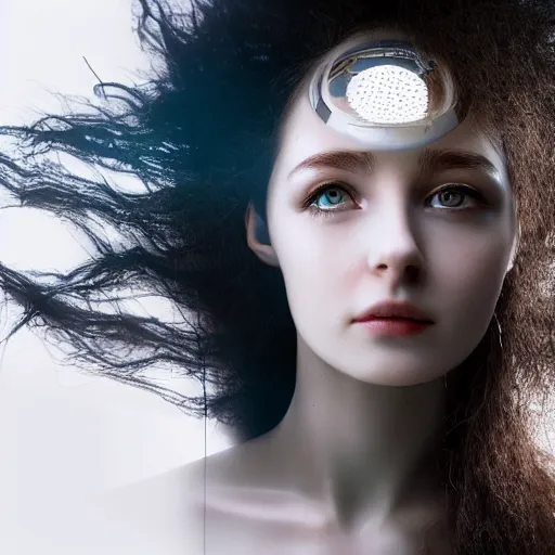 Prompt: beautiful centered fine art photo portrait of sleepy beautiful girl as a solarpunk robotic humanoid, real human face, white mechanical parts with led lights, photorealistic, white background, highly detailed and intricate, soft box lighting, hdr 8 k