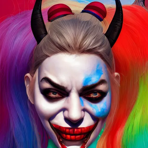 Image similar to Harley Quinn but she's a beautiful ape kid with long pony tails on either side of her head, mayhem, illustration, by James Jean, artgerm, octane render, by John Coltrane and Marc Simonetti, Manic, inspired by Greg rutkowski, colorful, high detail of the face, full body