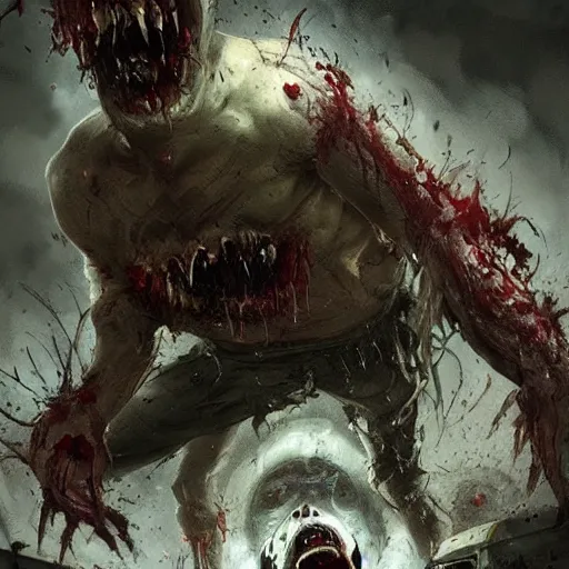 Image similar to of a men being eaten by zombie the man is screaming a bloody image by greg rutkowski